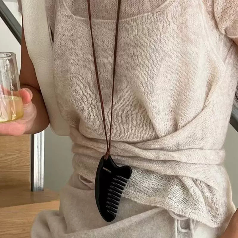 Black Leather Horn Pendant Necklace