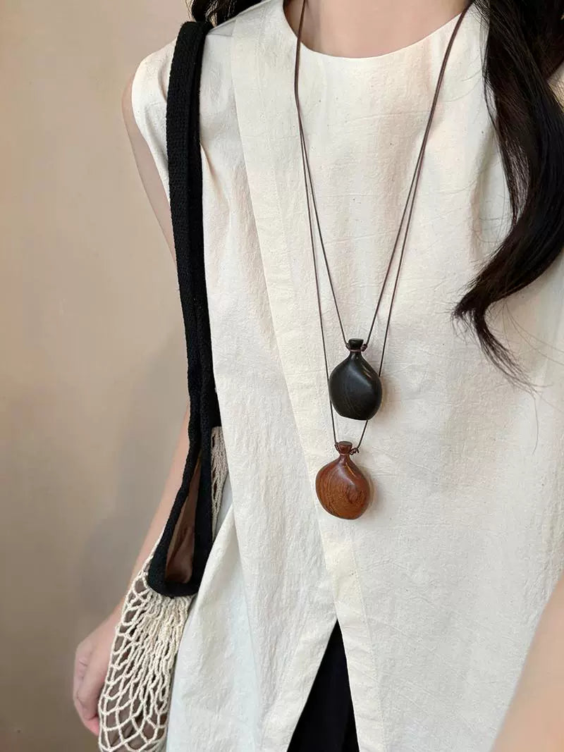 Wooden Gourd Pendant Leather Necklace - Modomu