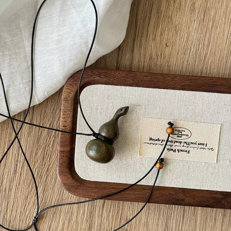 Wooden Gourd Pendant Leather Necklace