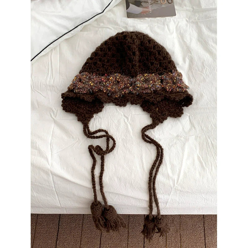 Knit Earflap Hat With Flowers - Modomu