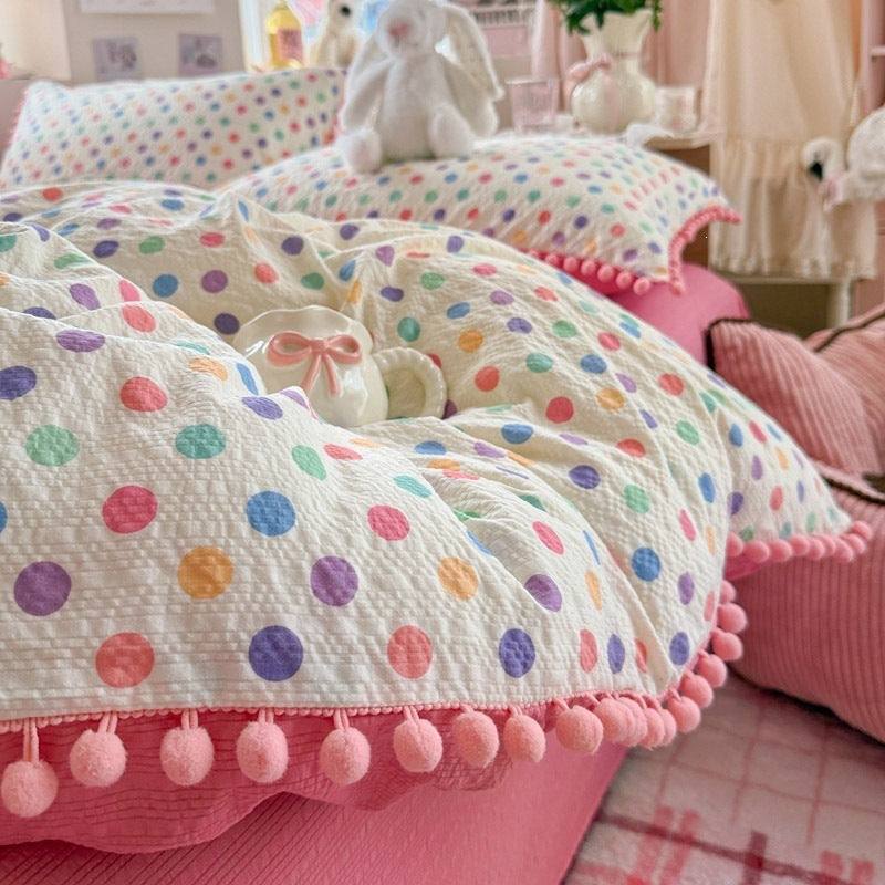 Pompom Trim Quilted Bedding Set