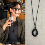 Obsidian Circle Leather Rope Necklace