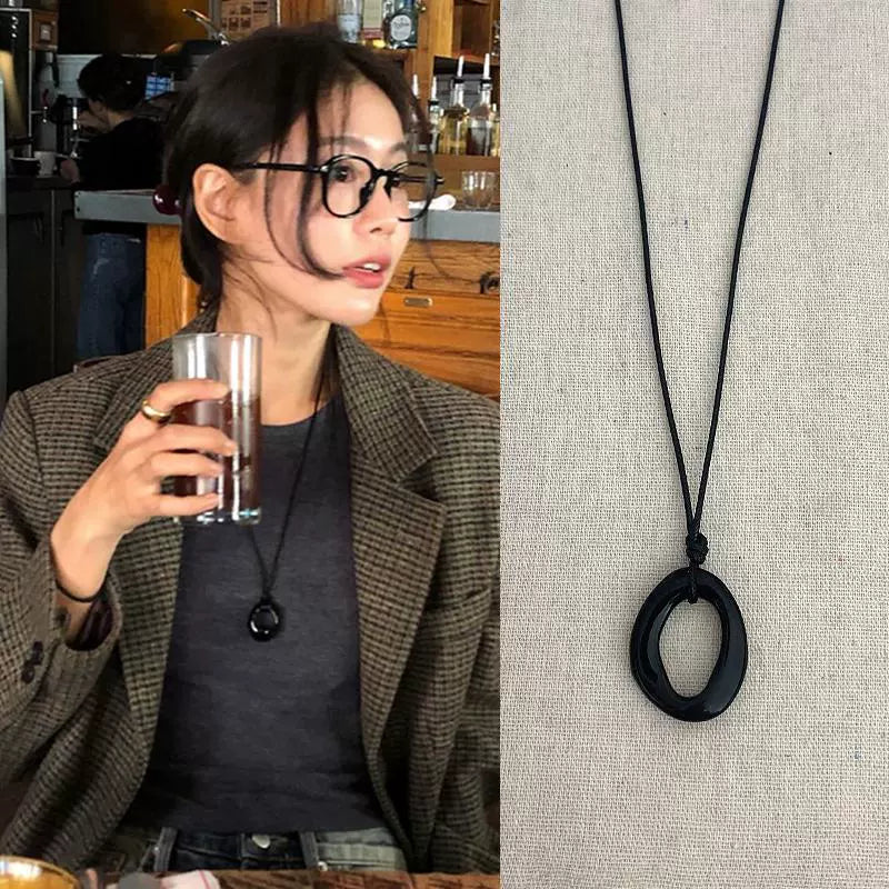 Obsidian Circle Leather Rope Necklace