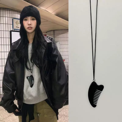 Black Leather Horn Comb Necklace