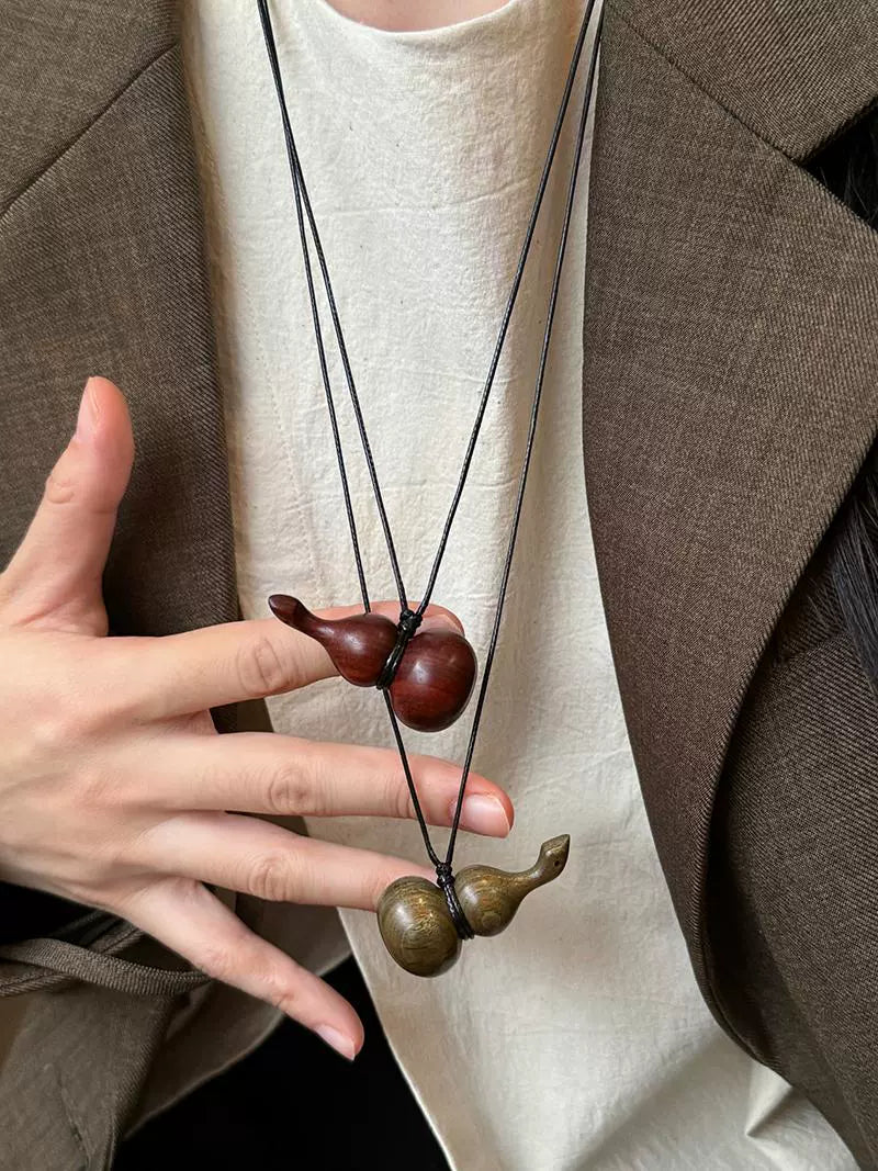 Wooden Gourd Pendant Leather Necklace