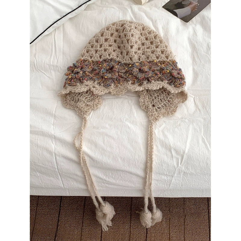 Knit Earflap Hat With Flowers - Modomu