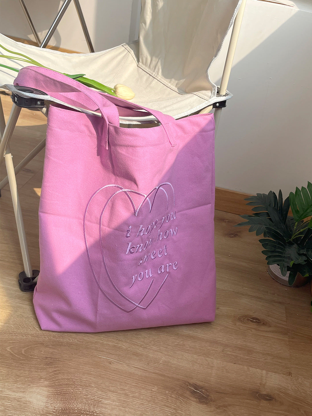 Embroidered Heart Canvas Tote