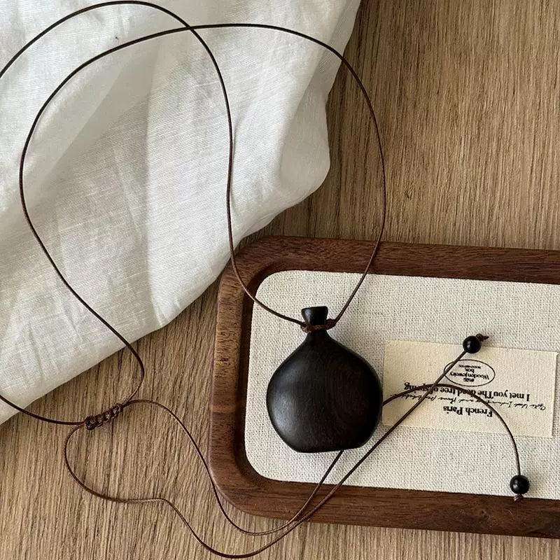 Wooden Gourd Pendant Leather Necklace