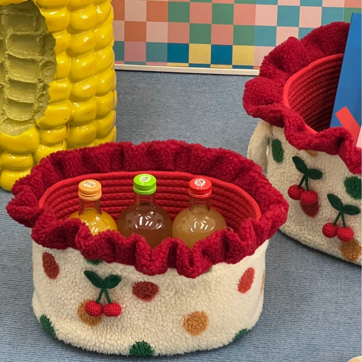 Cherry Lace Oval Storage Basket