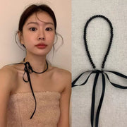 Ribbon Bow Beaded Collarbone Necklace