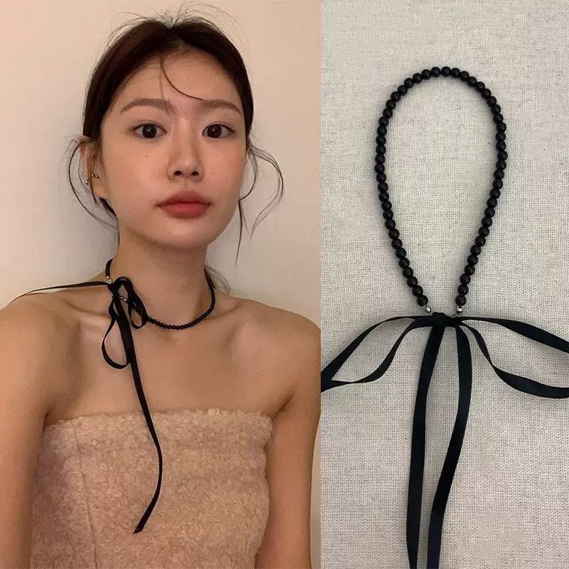 Ribbon Bow Beaded Collarbone Necklace
