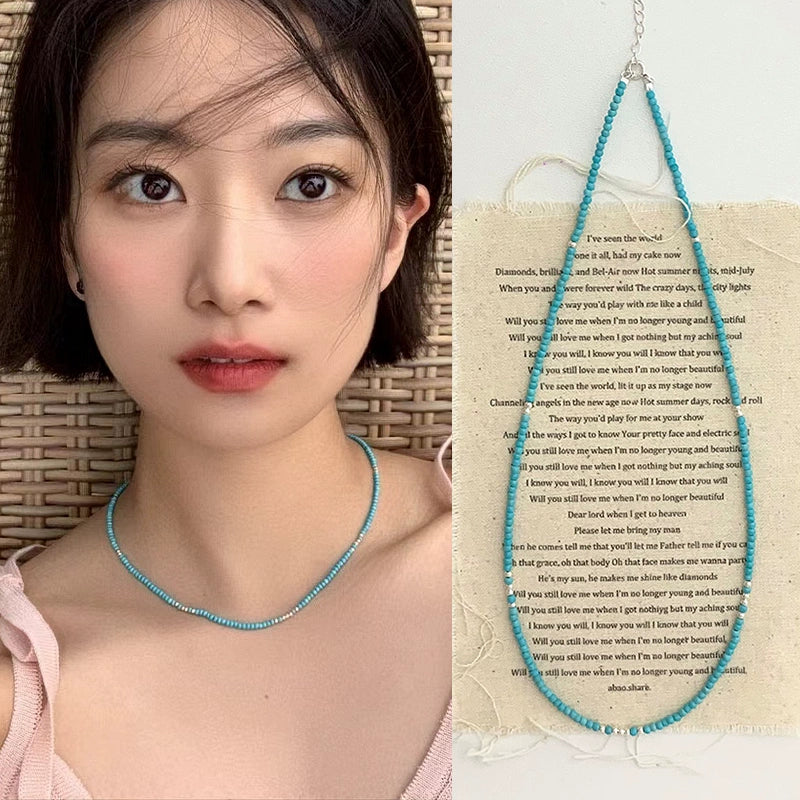 Blue Beaded Stacked Collarbone Necklace