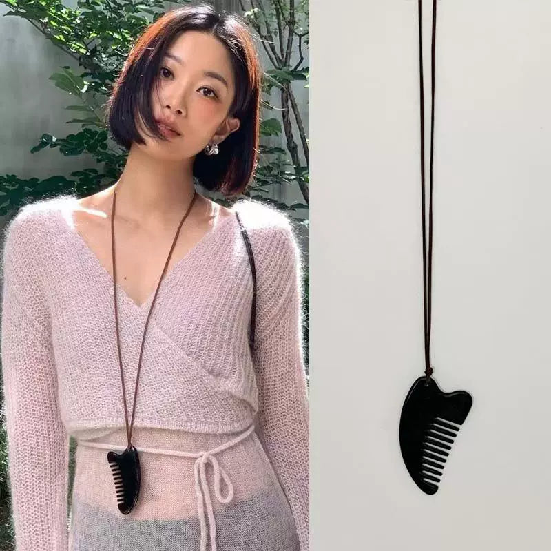 Black Leather Horn Pendant Necklace