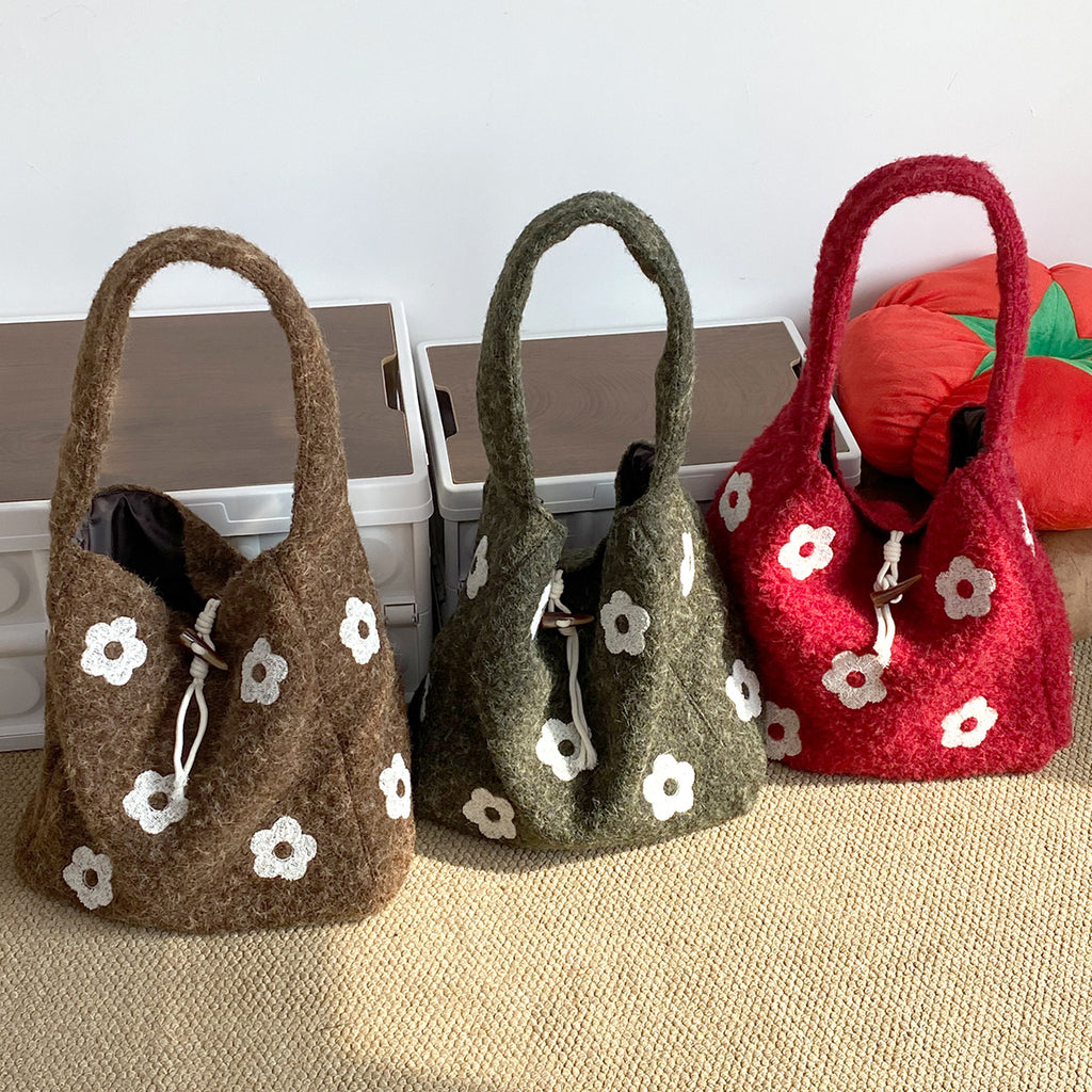 Plush Floral Shoulder Tote Bag - Modomu