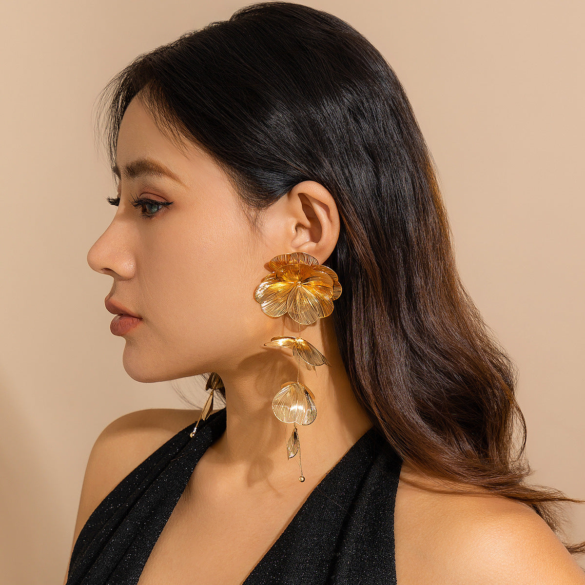 Silver Floral Long Earrings & Necklace Set