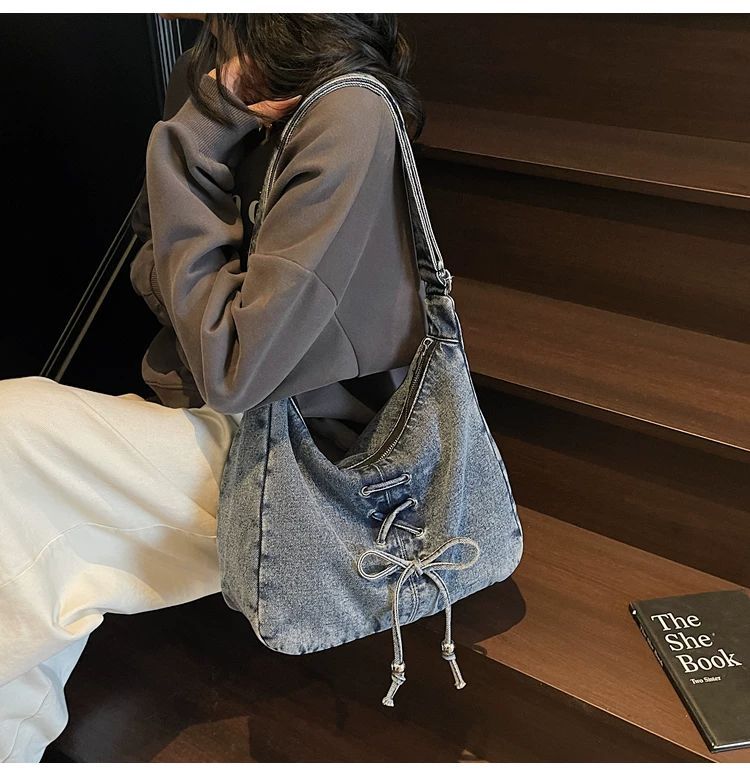 Corset Bow Denim Shoulder Bag