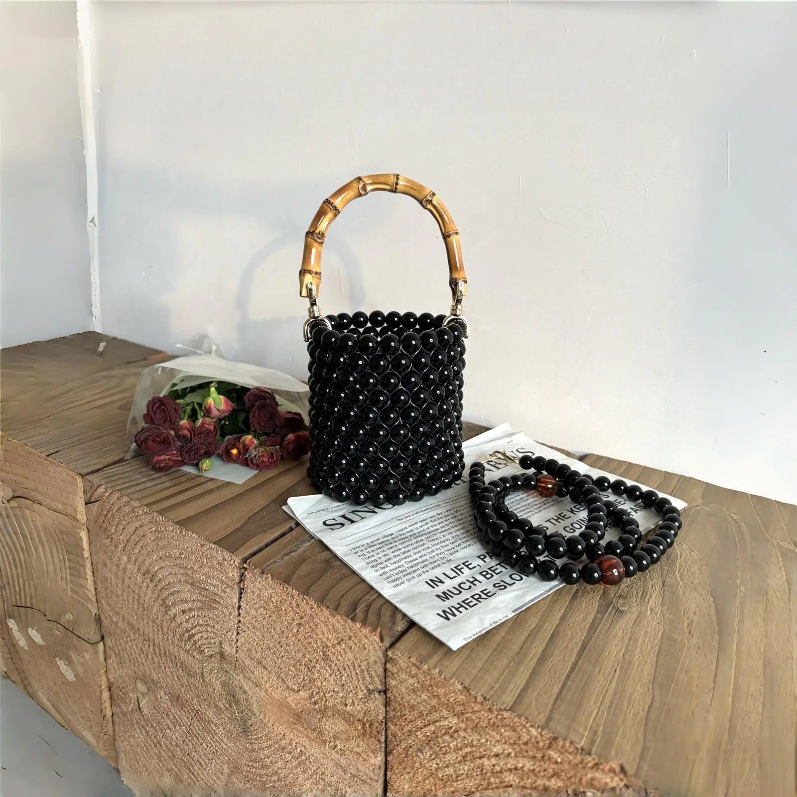 Bamboo Pearl Beaded Bucket Bag - Modomu