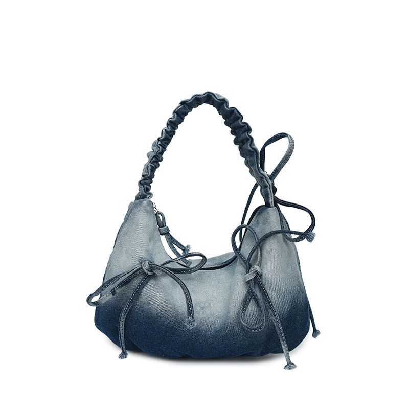 Ruched Denim Bow Shoulder Bag