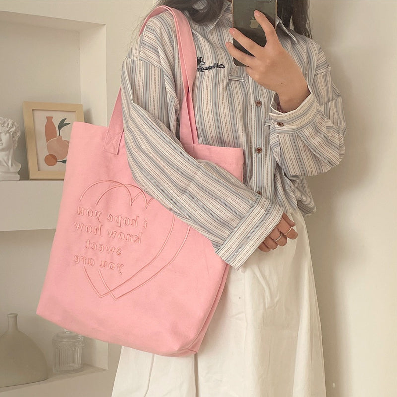 Embroidered Heart Canvas Tote
