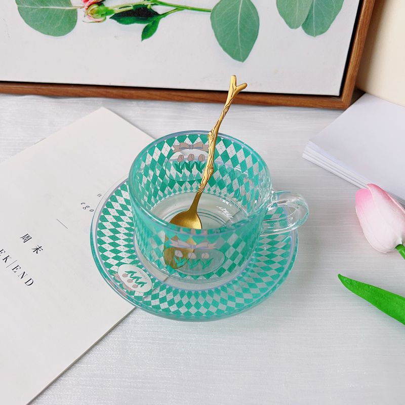 Chequer Print Glass Cup and Saucer