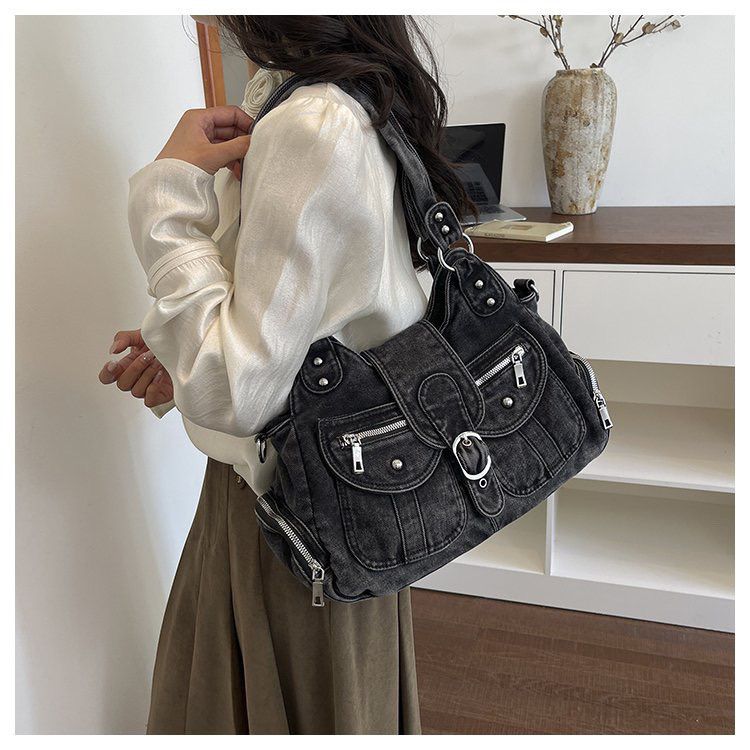 Washed Denim Buckle Shoulder Bag
