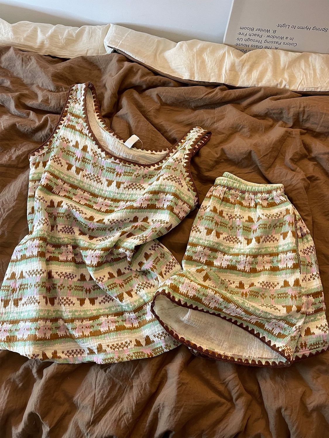 Brown Multi Stripe camisole and shorts arranged