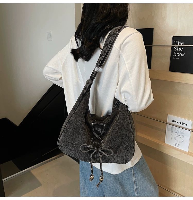Corset Bow Denim Shoulder Bag