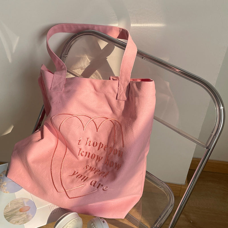 Embroidered Heart Canvas Tote