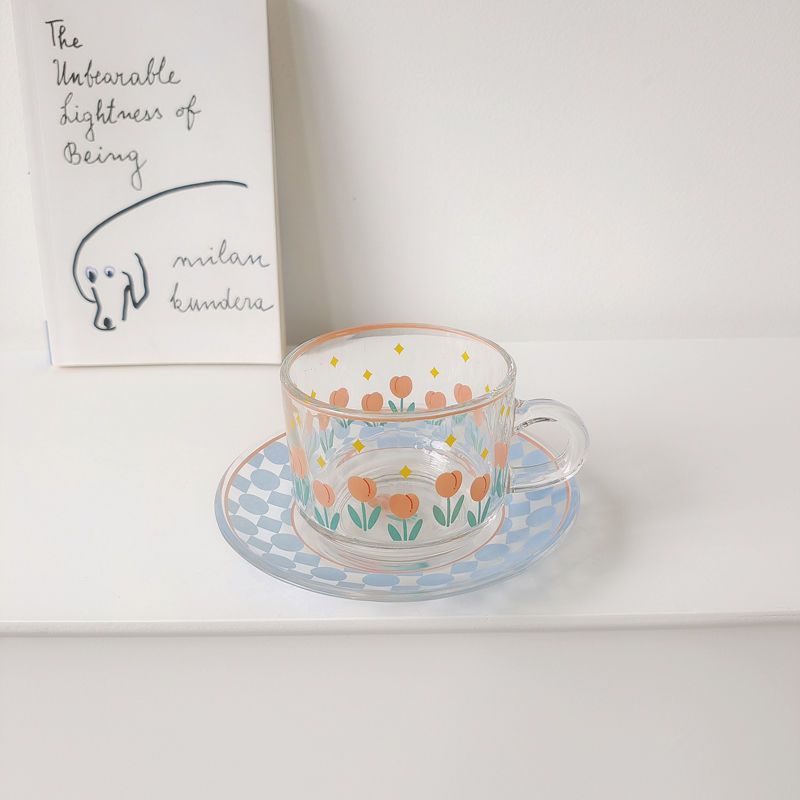 Chequer Print Glass Cup and Saucer