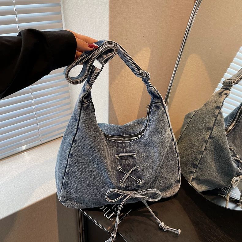 Corset Bow Denim Shoulder Bag
