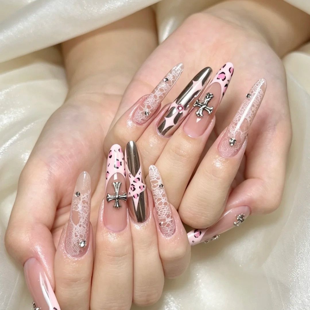 Pink Leopard Chrome Press-On Nails