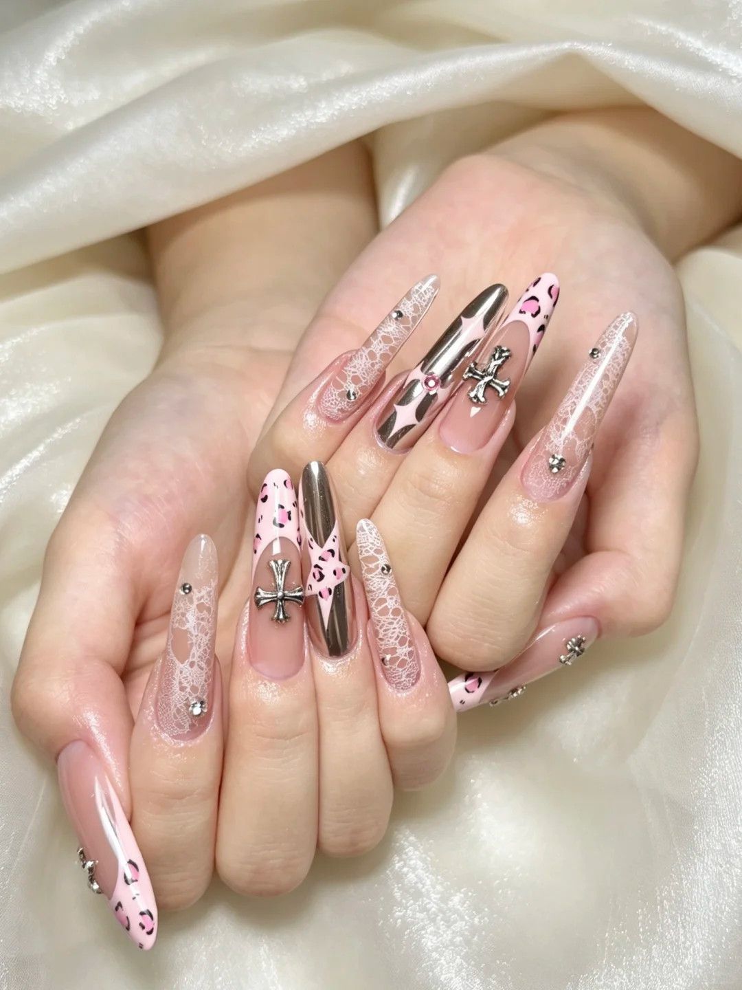 Pink Leopard Chrome Press-On Nails