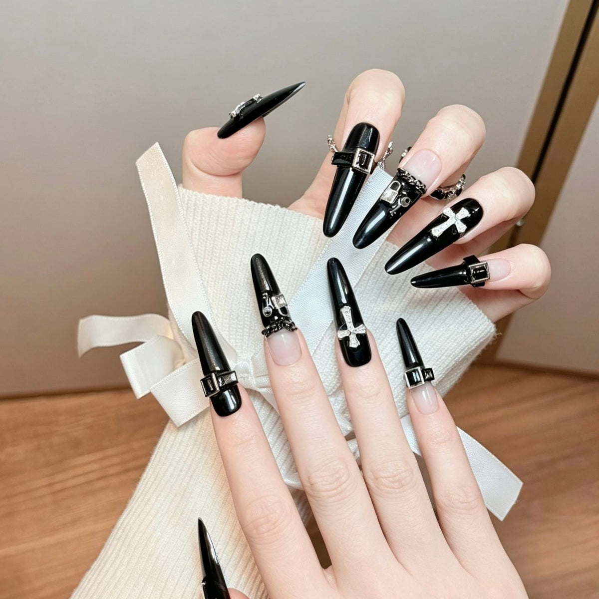 Cross Buckle Long Press-On Nails