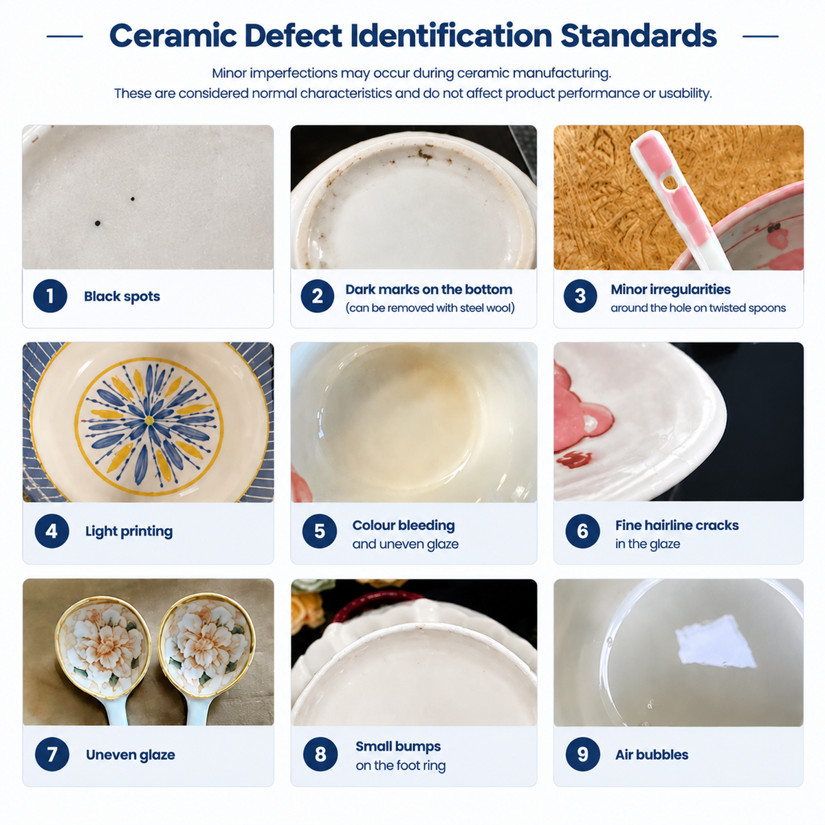 Ceramic defect identification standards: minor imperfections from manufacturing that do not affect performance