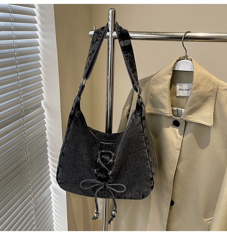 Corset Bow Denim Shoulder Bag