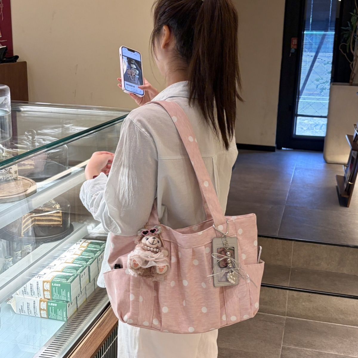 Pleated Dot Canvas Tote