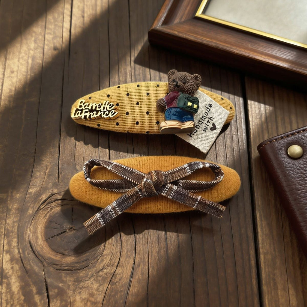 Mustard Bear Bow Hair Clips