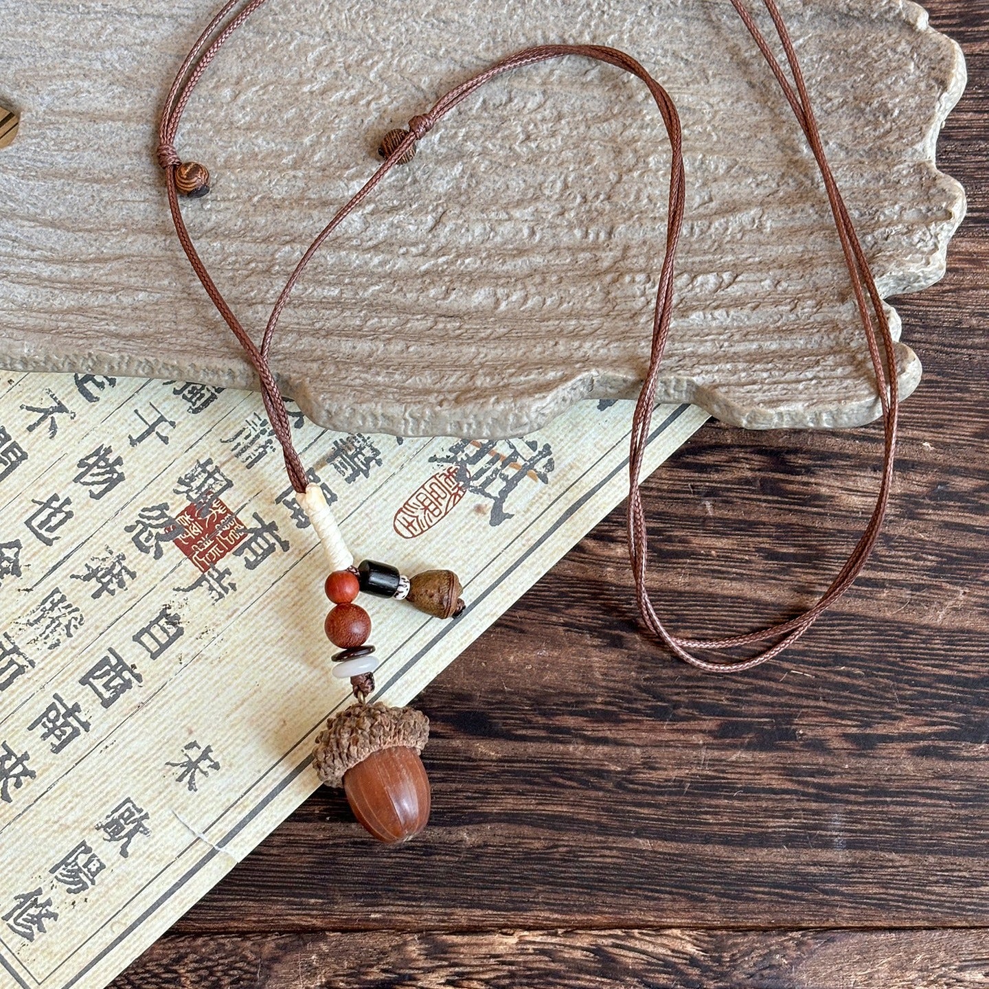 Retro Wooden Acorn Pendant Necklace