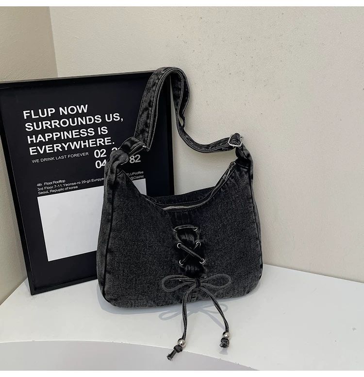 Corset Bow Denim Shoulder Bag