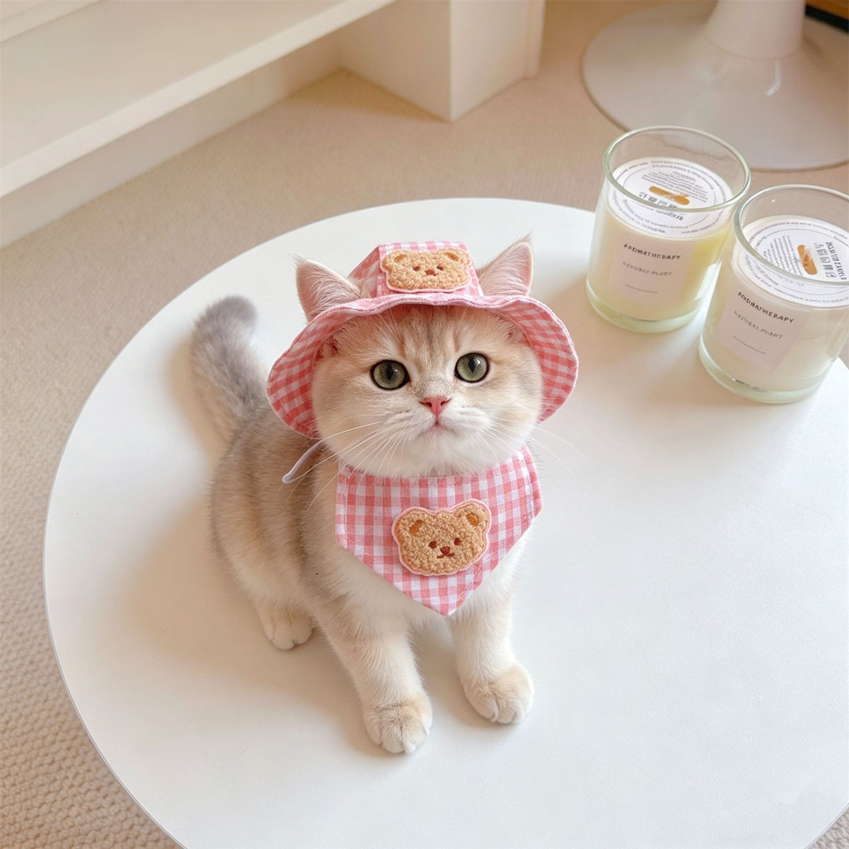 Bear Patch Gingham Pet Hat