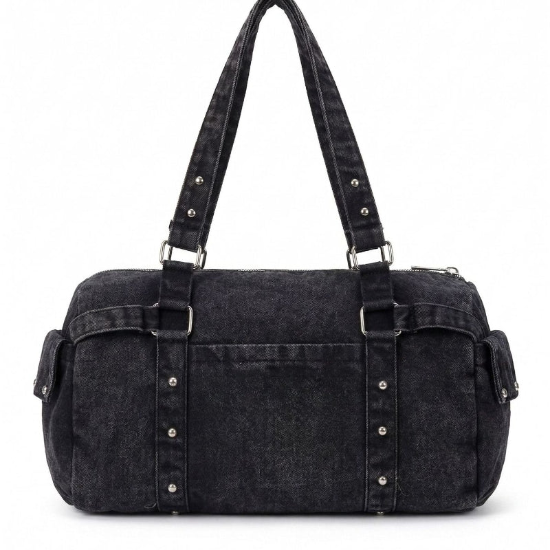 Studded Denim Slouch Bag