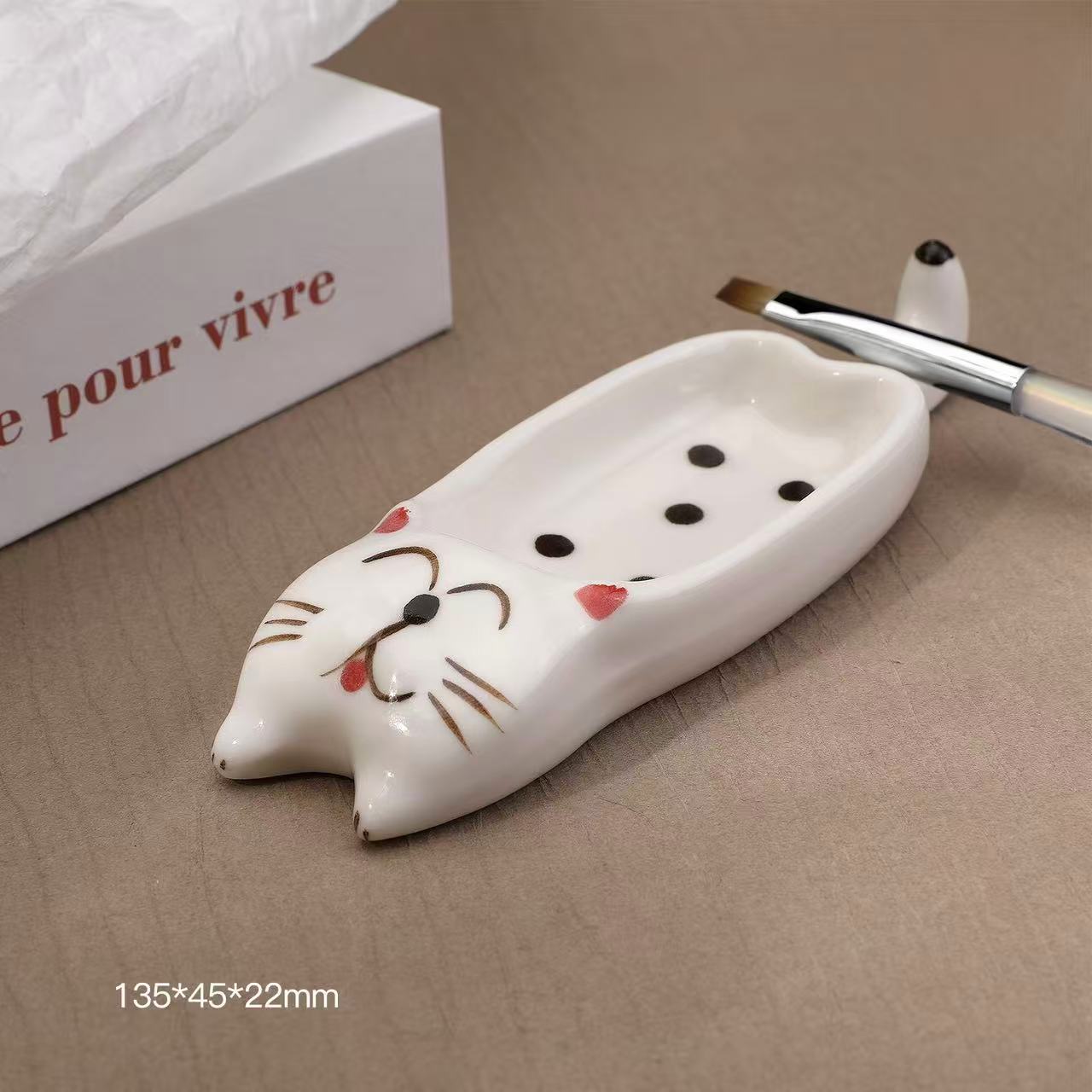 Long kitten ceramic dipping dish, white cat lying flat