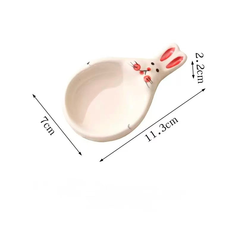 Long rabbit ceramic dipping dish, white rabbit with a round well