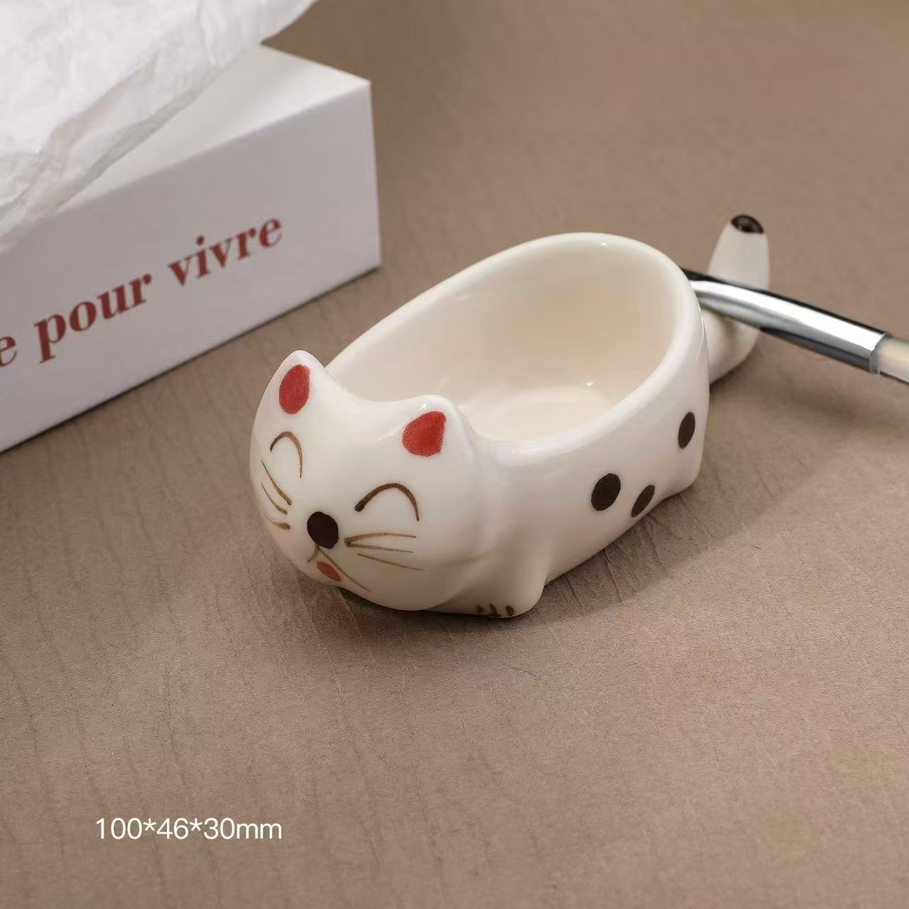 Tall kitten ceramic dipping dish, white cat sitting up
