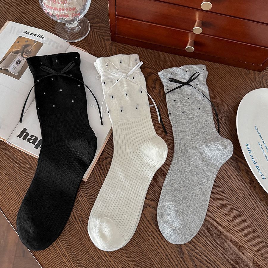 Ribbon Bow Dotted Crew Socks