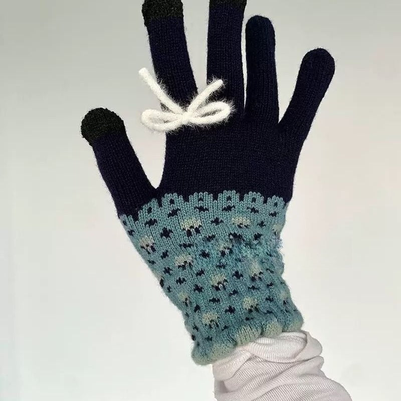 Retro Floral Bow Winter Gloves