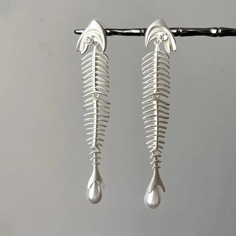 Fish Bone Pearl Stud Earrings