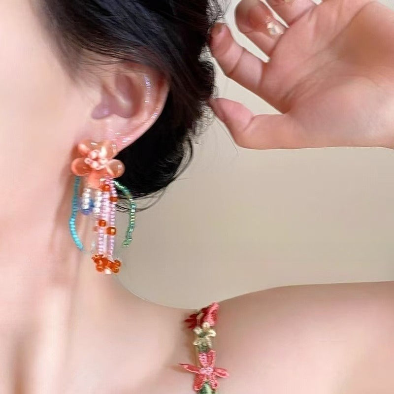 Glazed Flower Beaded Stud Earrings - Modomu