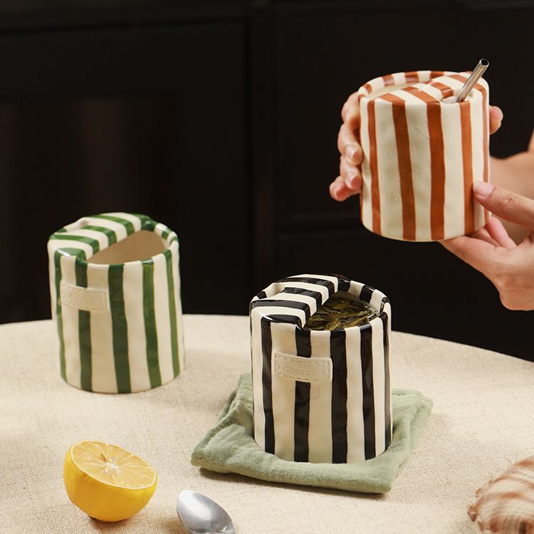 Striped Handleless Ceramic Cup