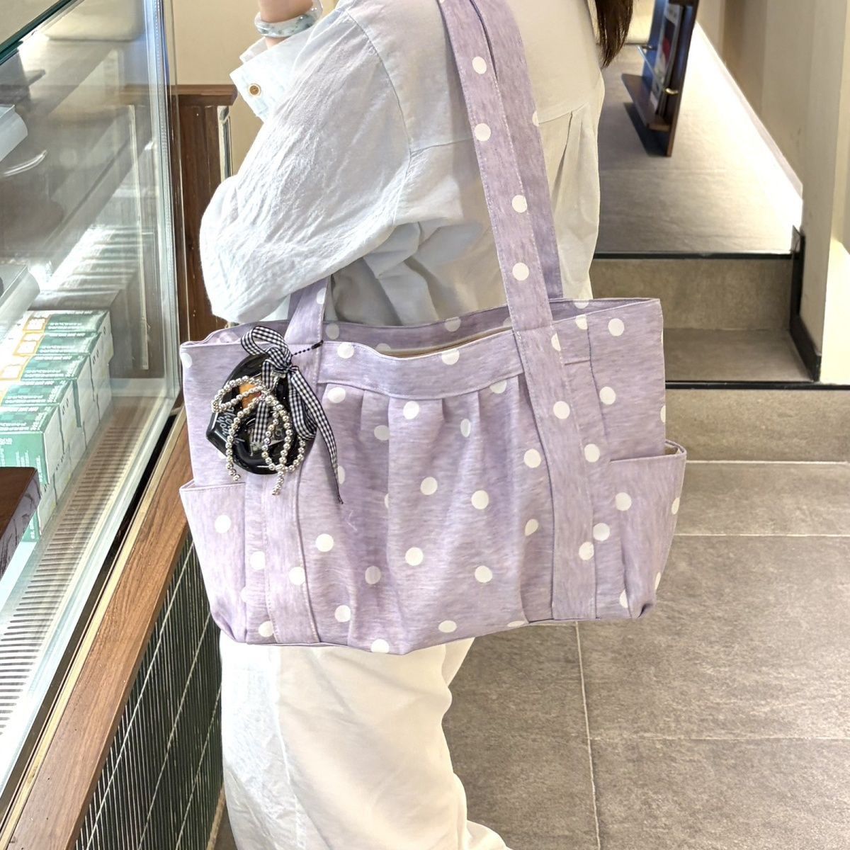 Pleated Dot Canvas Tote